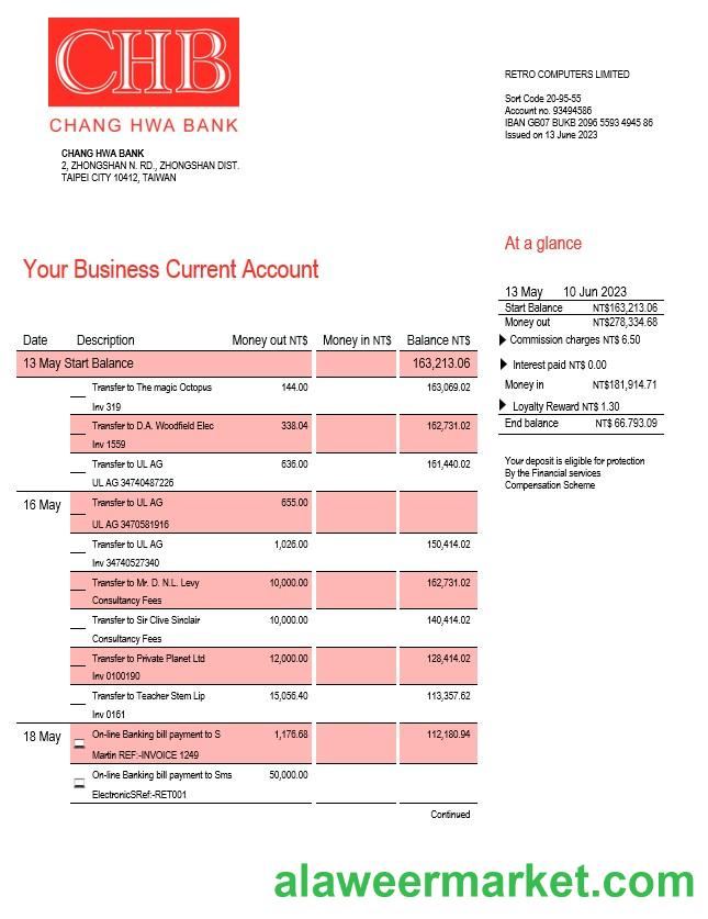 Chang Hwa Bank business statement Word and PDF template
